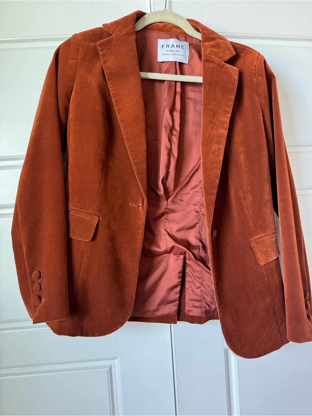 Frame Denim Rust-Orange Velvet Blazer with cropped matching velvet pants